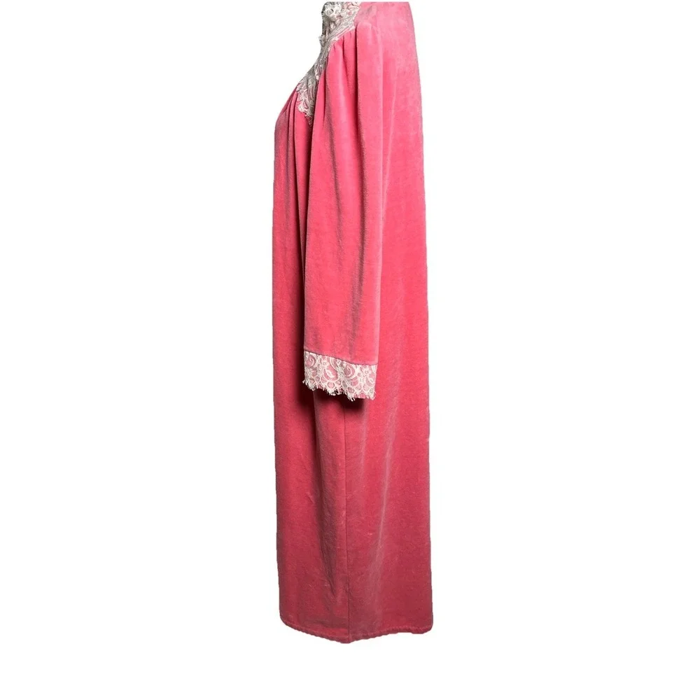 Vintage‎ Miss Elaine Pink Velour Housecoat Robe Lace Trim Womens Size L USA